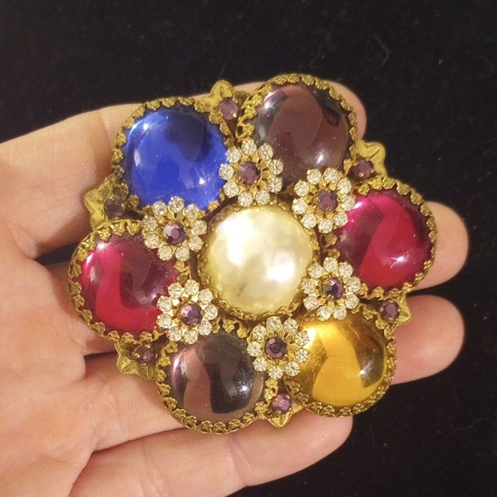 Miriam Haskell Vintage Multicolor Brooch with Gold Accents